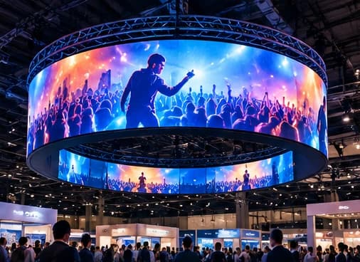 Circular LED screen hanging from a truss above a trade show floor