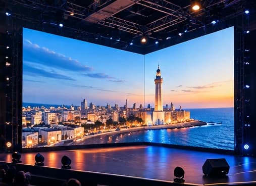 90-degree corner LED screen on a stage, showing a seaside city skyline