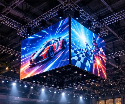 LED cube hanging from a stage truss, with two faces visible showing a racing car