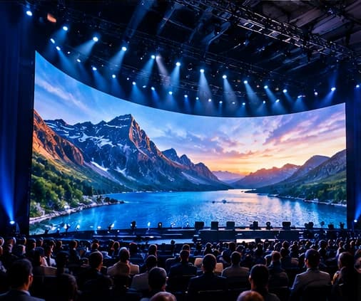 Large curved LED screen on a stage in front of an audience, showing a mountain landscape