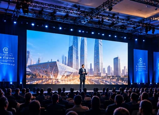 Large flat LED screen on a conference stage, in front of a speaker and an audience