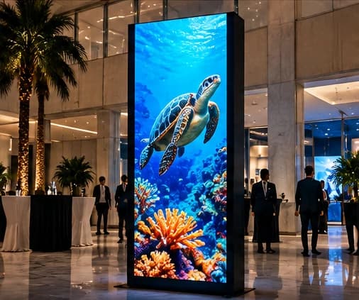Vertical LED totem in a reception hall, showing a sea turtle on an underwater scene